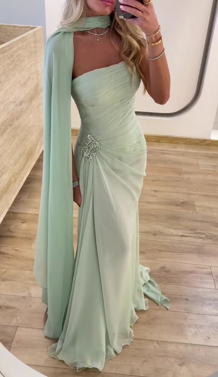 Fresh Green A Line Strapless Chiffon Long Prom Dress Party Evening Dress SH5704
