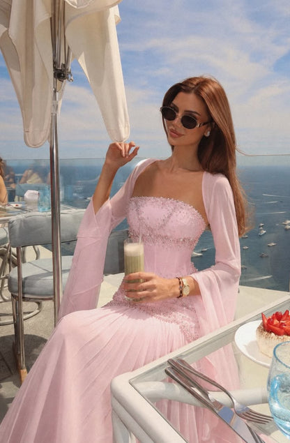 Dazzling A Line Long Sleeve Beaded Pink Chiffon Prom Dress Evening Dress SH6371