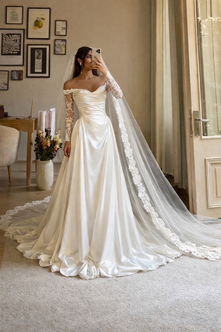 Elegant A Line Lace Long Sleeve White Satin Long Prom Dress Wedding Dress SH7549