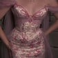 Pink Flowy Print Floral A Line Off the Shoulder Satin Tulle Party Dress Prom Dress SH3599