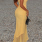 Yellow Mermaid Spaghetti Strap Tulle Long Prom Dress Evening Dress SH7198