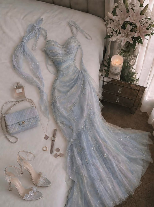 Baby Blue Ombre Mermaid Spaghetti Straps Beaded Tulle Prom Dress Evening Dress SH6451