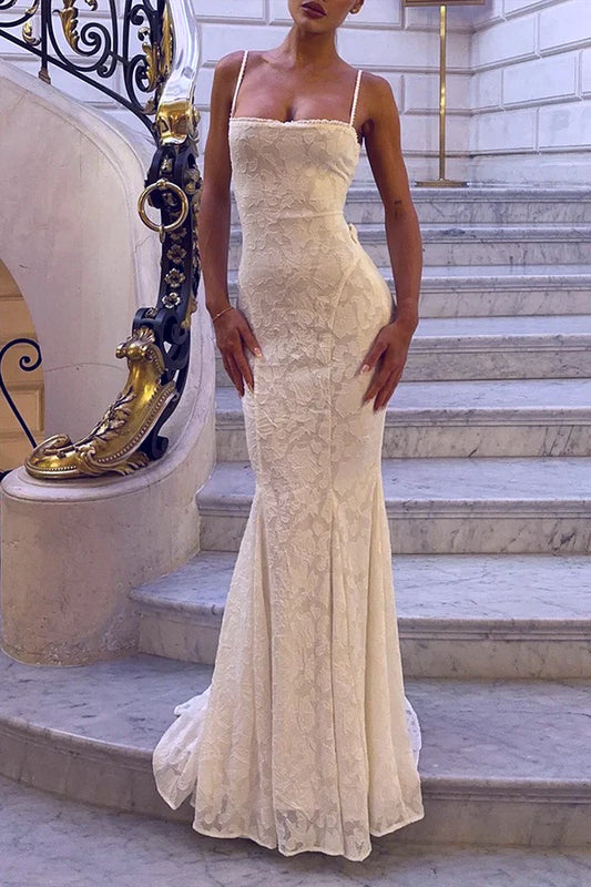 Elegant Ivory Mermaid Spaghetti Straps Lace Prom Dress Evening Dress SH5768