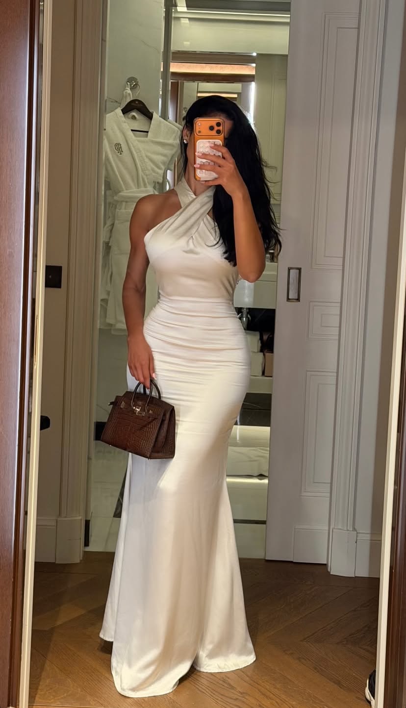 Elegant White Mermaid Halter Satin Backless Long Prom Dress Party Dress SH8416