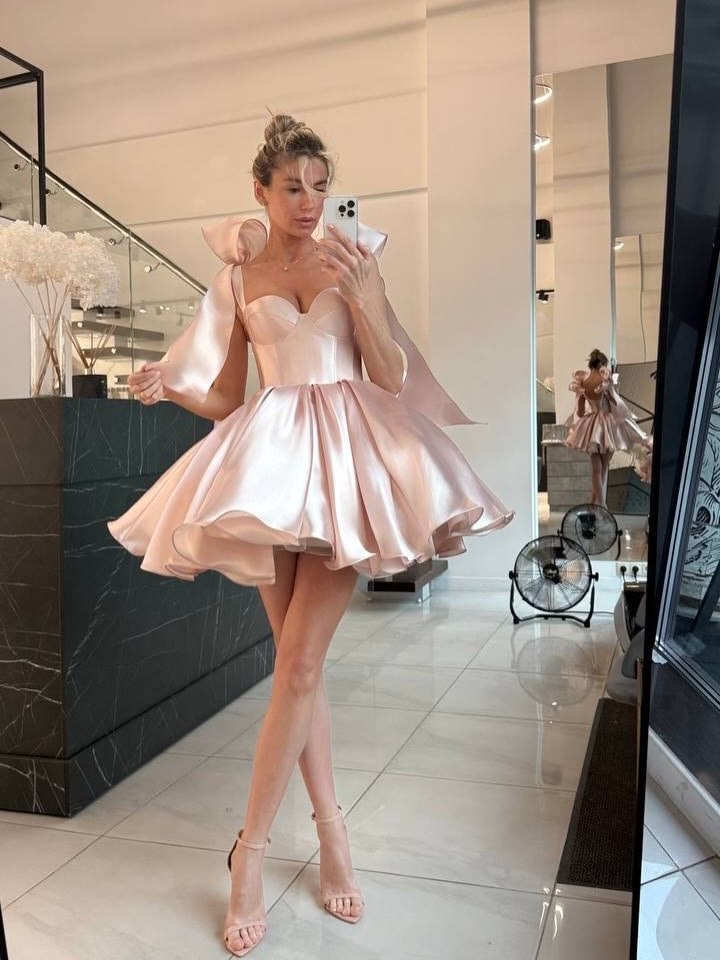 Cute Light Pink A Line Bow Straps Satin Short Prom Dress Homecoming Dress SH7202