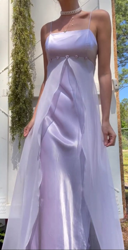 Lilac A Line Spaghetti Strap Satin Tulle Long Prom Dress Evening Dress SH2481