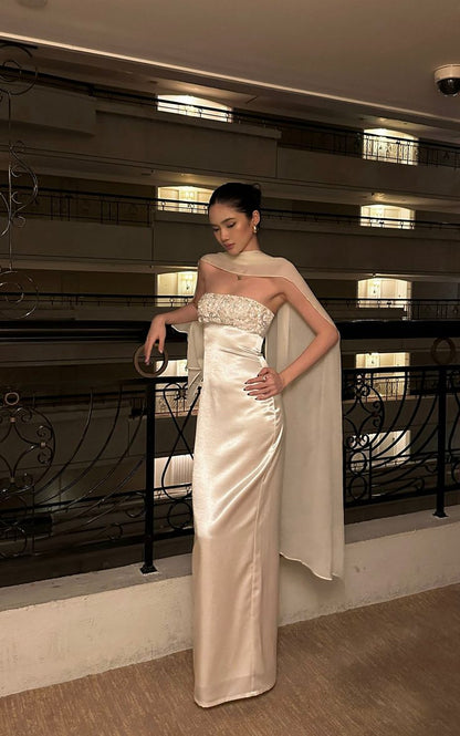 Elegant Sheath Strapless Beaded Ivory Satin Long Prom Dress Evening Dress SH5144