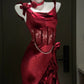 Sexy Burgundy Sheath Straps Layered Satin Prom Dress Party Dress with Slit SH4102