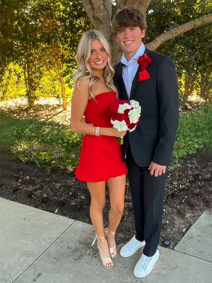 Red A-Line Strapless Mini Homecoming Dress with Ruffles SH5928