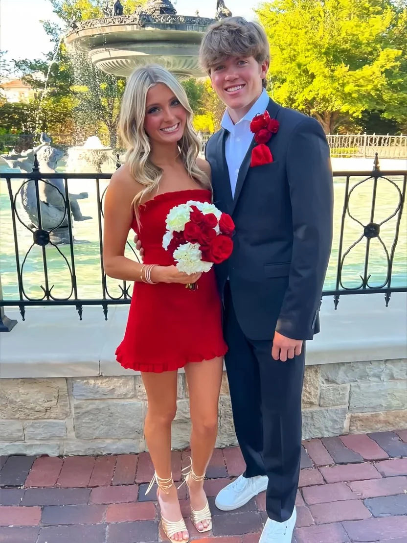 Red A-Line Strapless Mini Homecoming Dress with Ruffles SH5928