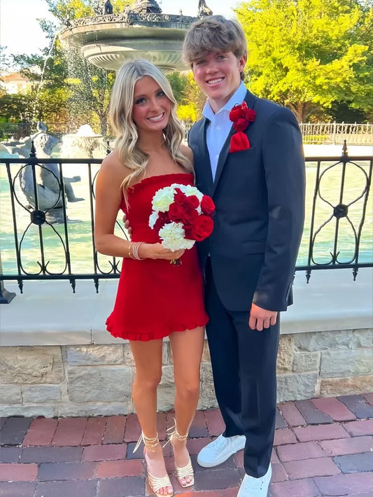 Red A-Line Strapless Mini Homecoming Dress with Ruffles SH5928