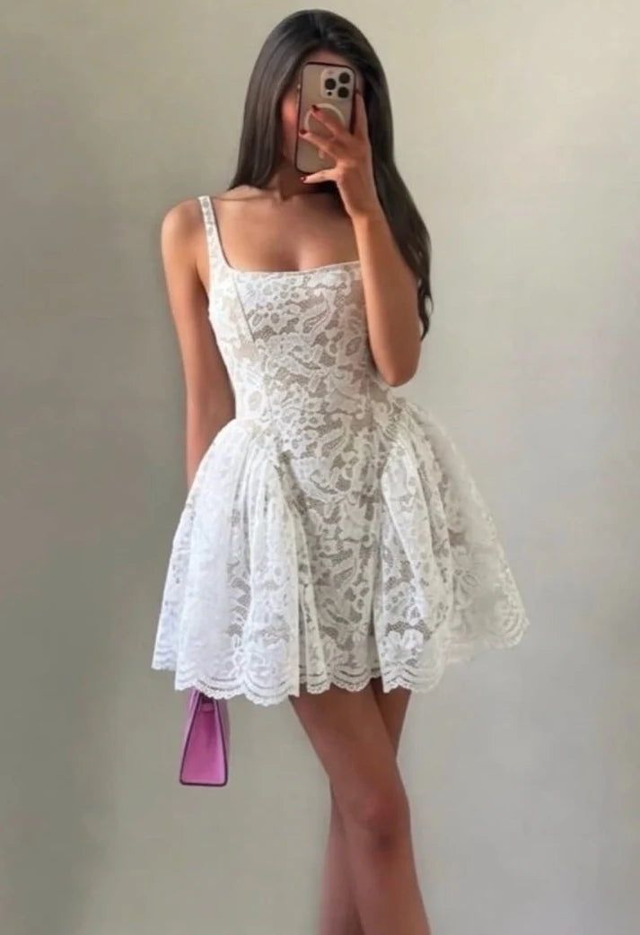 A-Line Straps Square Neck White Lace Short Mini Homecoming Dress SH8234