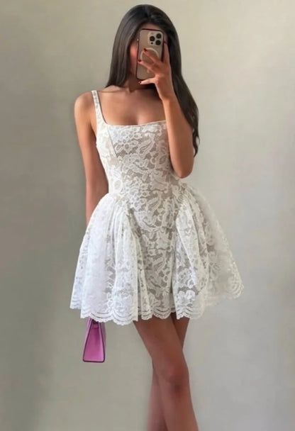 A-Line Straps Square Neck White Lace Short Mini Homecoming Dress SH8234