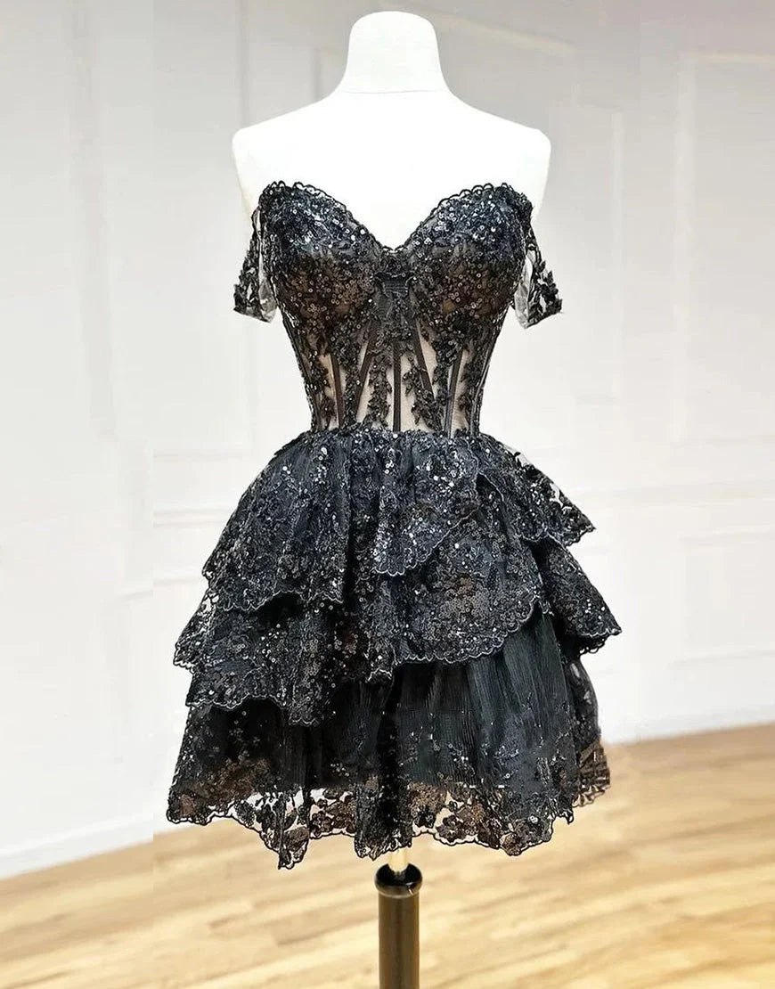 Gorgeous Sparkly Off The Shoulder A-Line Tiered Short Homecoming Dress SH7532