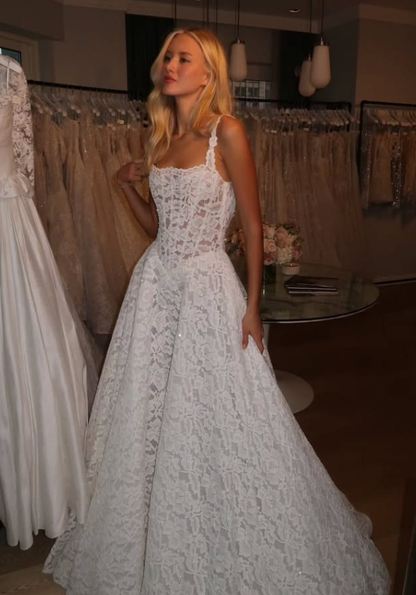 High-class A Line Spaghetti Strap White Lace Long Wedding Dress SH6195