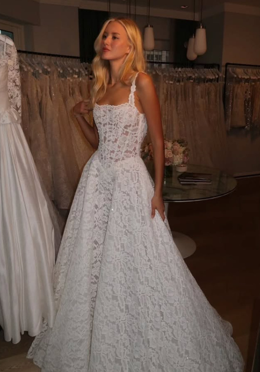 High-class A Line Spaghetti Strap White Lace Long Wedding Dress SH6195