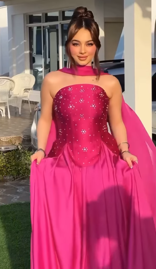 Hot Pink A Line Strapless Beaded Satin Long Prom Dress Wedding Guest Dress SH5412