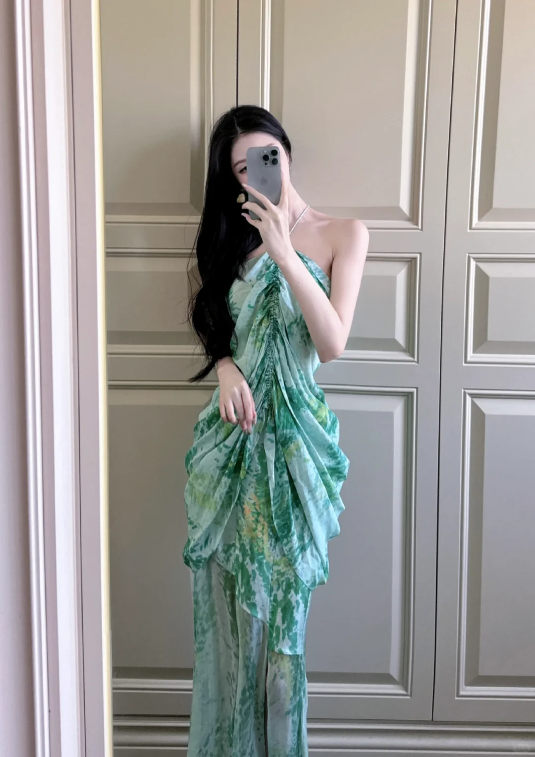 Green Sheath Halter Print Floral Chiffon Vacation Dresses Outfits SH5050
