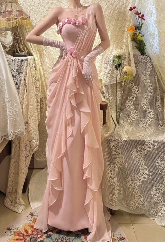 Gentle Pink One Shoulder Floral Pleated Chiffon Long Prom Dresses 16th Birthday Dresses SH4637