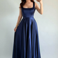 Simple Navy Blue A Line Spaghetti Straps Satin Prom Dress Date Dress SH5548