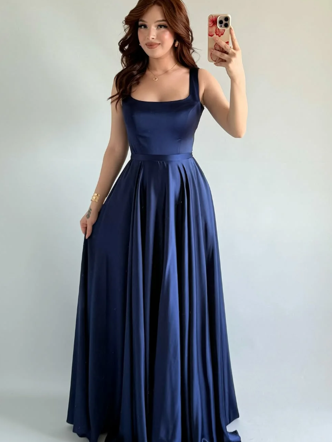 Simple Navy Blue A Line Spaghetti Straps Satin Prom Dress Date Dress SH5548