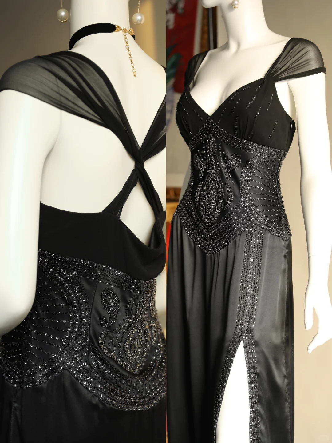 Vintage Sexy Black A Line Exquisite Beaded Chiffon Satin Prom Dress Evening Dress SH5133