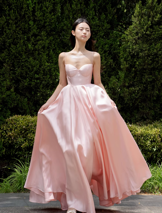 Pink Simple A Line Spaghetti Strap Satin Long Prom Dress 16th Birthday Dress SH4191