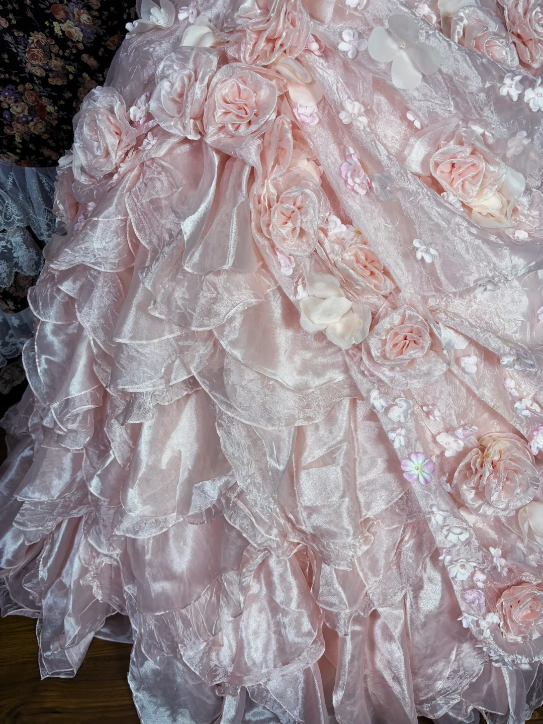 Vintage Princess Light Pink Ball Gown Floral Layered Organza Prom Dress Sweet 16 Dress SH5796