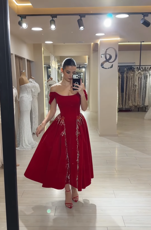 Gentle A Line Off the Shoulder Red Beaded Velvet Long Prom Dress SH5303