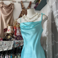 Simple Vintage Mermaid Straps Ruffle Satin Open Back Long Prom Dress SH5253