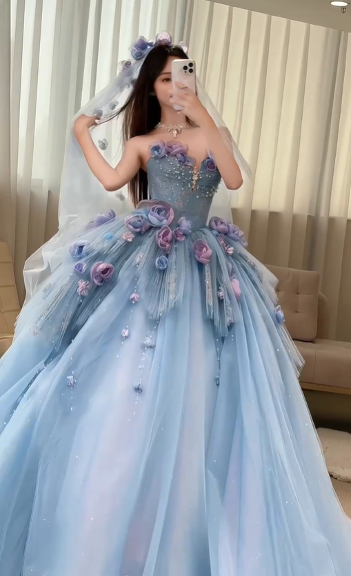 Blue Floral Ball Gown Sweetheart Neck Exquisite Beaded Tulle Long Prom Dress SH5031
