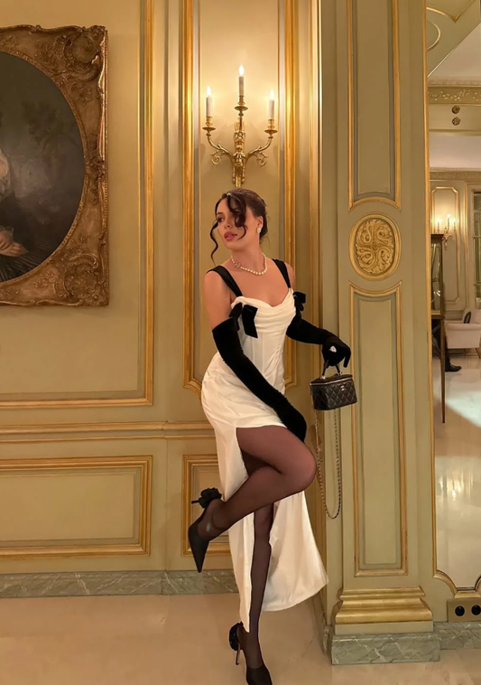 Sexy Black Bow Sheath Straps Corset White Satin Prom Dress Evening Dress with Slit SH5525