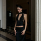 Sexy Two Piece Sheath Halter Black Sequin Satin Prom Dress Evening Dress Formal Gown SH3930