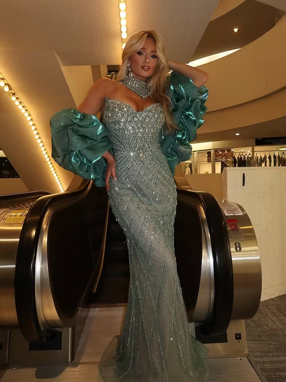 Luxurious Mermaid Sweetheart Neck Shiny Rhinestone Green Tulle Prom Dress SH8555