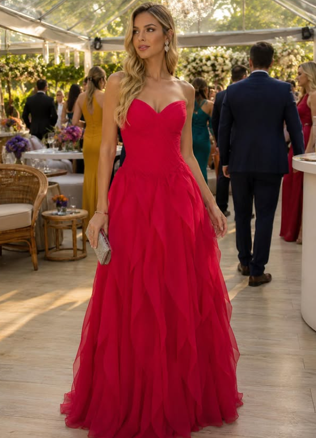 Red A Line Sweetheart Neck Ruffle Chiffon Prom Dress Evening Dress SH6357