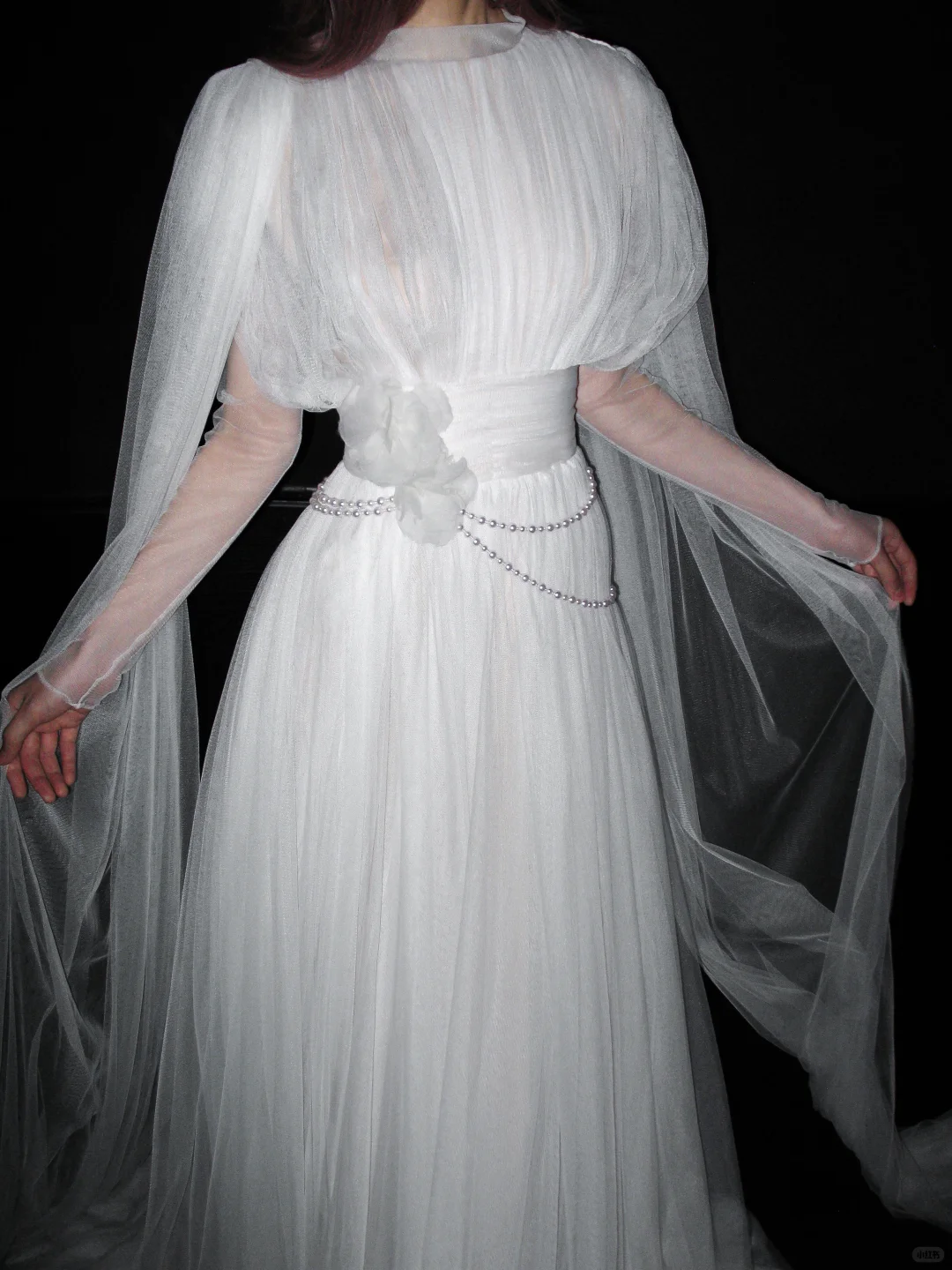Flowy White Tulle A Line Long Sleeve High Neck Wedding Dress SH5972