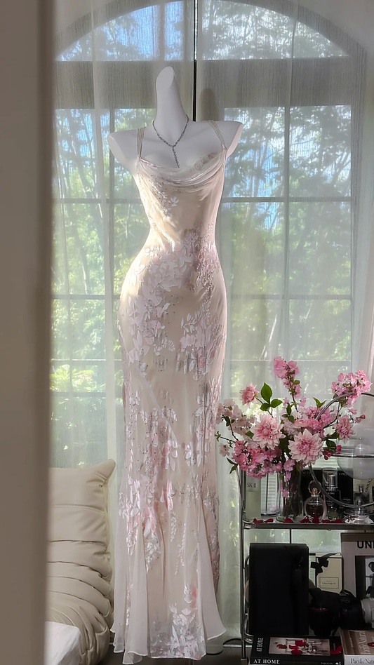 Beige Elegant Sheath Print Floral Chiffon Long Prom Dress Graduation Prom Dress SH5346