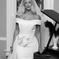 Vintage Sheath Off the Shoulder White Satin Long Train Wedding Dress SH6084