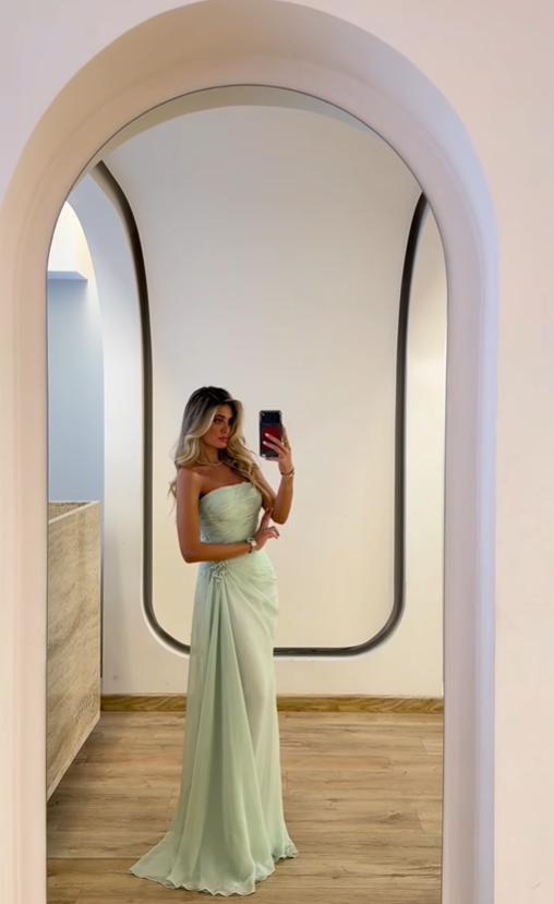 Fresh Green A Line Strapless Chiffon Long Prom Dress Party Evening Dress SH5704