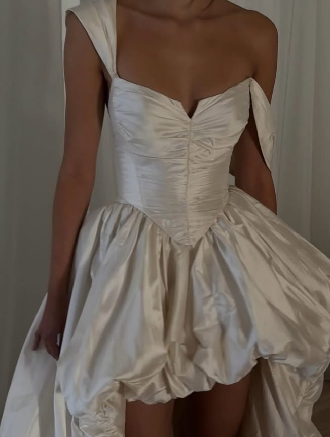 Cute A Line Straps White Pleated Satin Prom Dress Wedding Dress SH4698