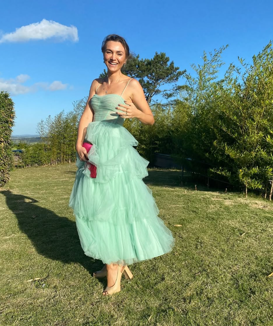 Charming A Line Spaghetti Strap Corset Tiered Mint Green Tulle Prom Dress Evening Dress SH2067