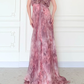 Pink Print Floral A Line Straps Chiffon Long Prom Dress Evening Dress SH5841