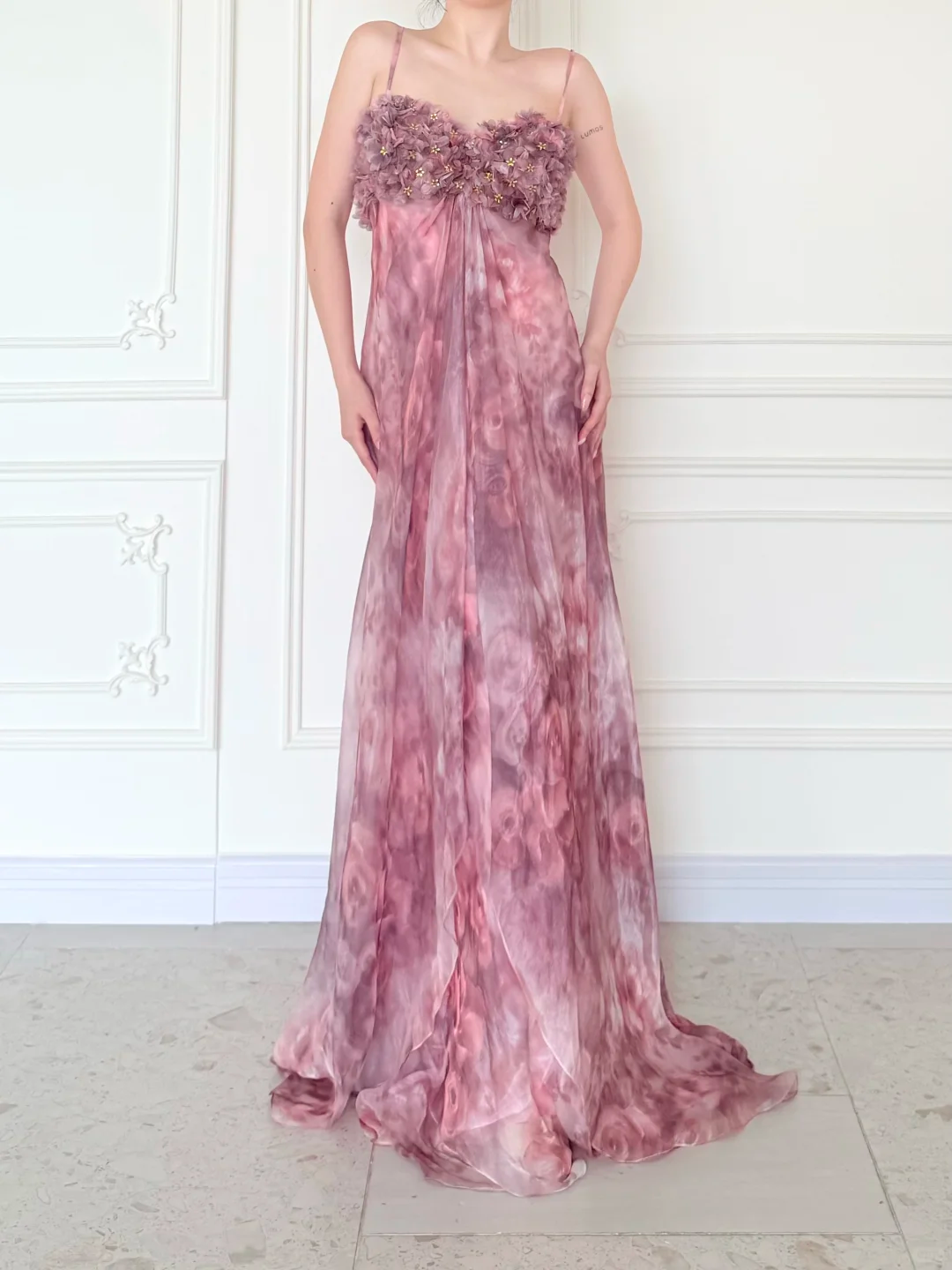 Pink Print Floral A Line Straps Chiffon Long Prom Dress Evening Dress SH5841