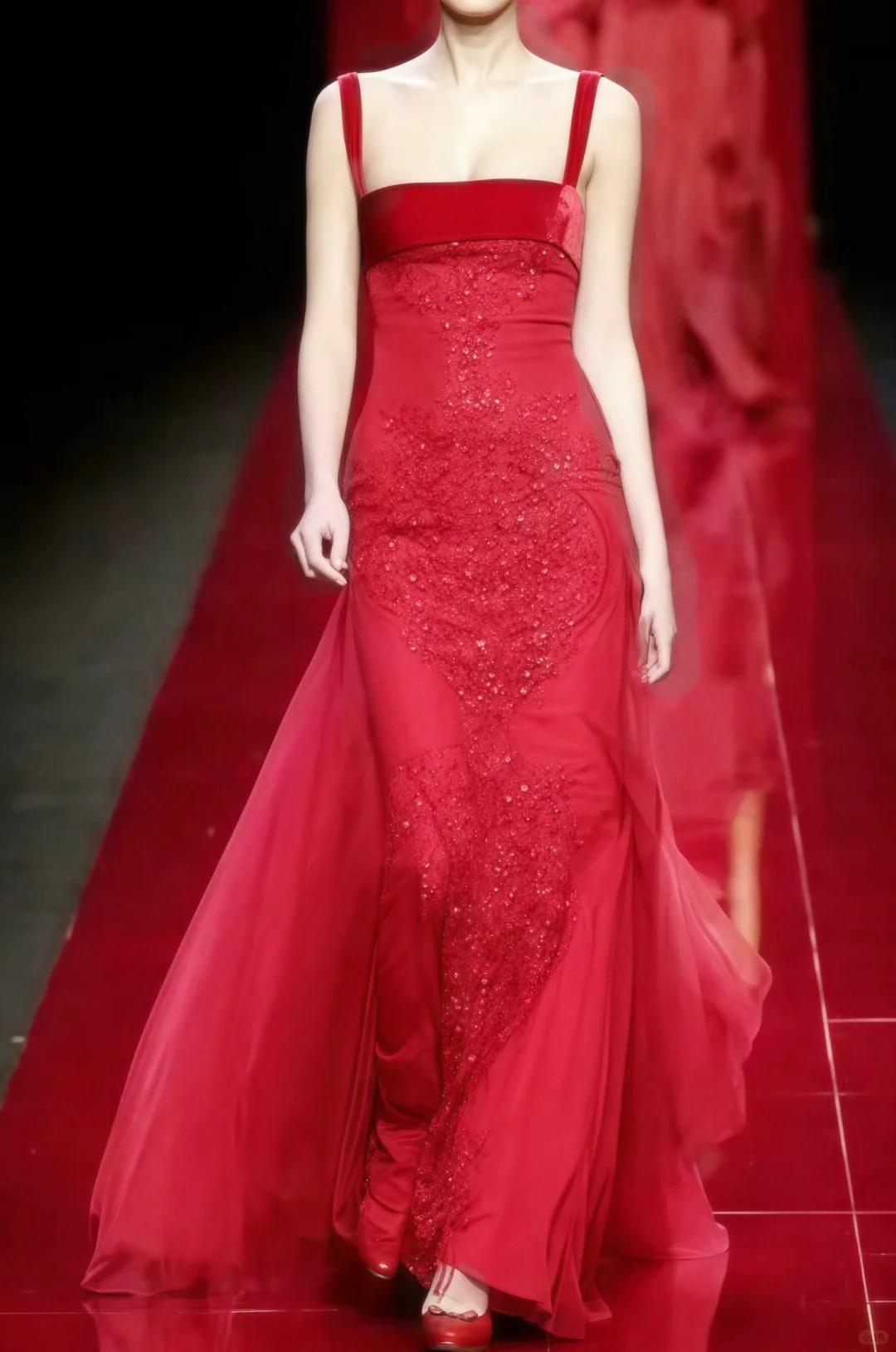 Vintage Mermaid Straps Exquisite Beaded Red Chiffon Long Prom Dress Evening Dress SH5092