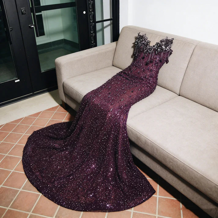 Sexy Special Occasion Dress Mermaid Sweetheart Grape Sequins Prom Dresses With Beads Gem Party Dress Long Evening Dresses SH6408