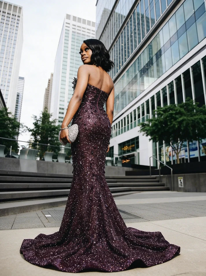 Sexy Special Occasion Dress Mermaid Sweetheart Grape Sequins Prom Dresses With Beads Gem Party Dress Long Evening Dresses SH6408