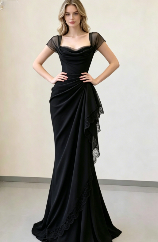 Elegant Black Mermaid Straps Pleated Chiffon Prom Dress Evening Dress SH5498