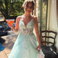 Light Blue A Line Spaghetti Strap Lace Ruffle Tulle Prom Dress Birthday Dress SH9016