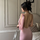 Simple Mermaid Spaghetti Strap Pink Satin Backless Party Dress Evening Dress SH3351