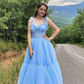 Sky Blue Straps Tulle A Line Prom Dress Sweetheart Homecoming Dresses SH594